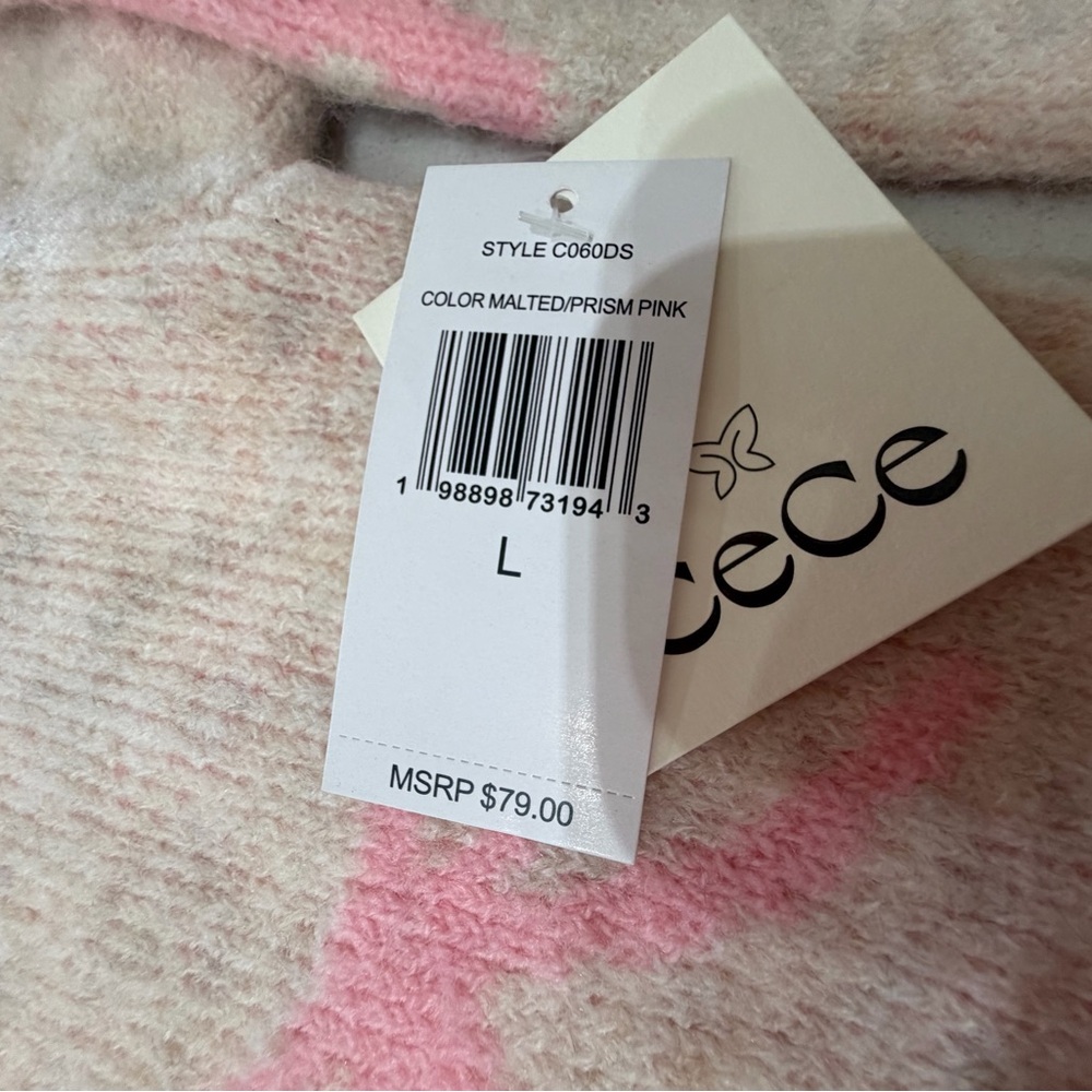 CeCe Women's Ribbon 🎀 Cream and Pink Baggy Sweater, Large - Picture 3 of 7